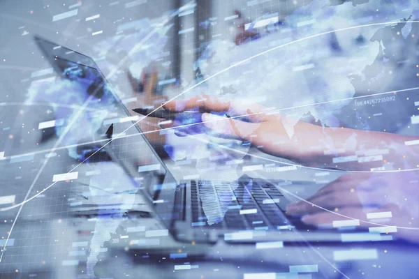 Multi exponering av kvinnliga händer som arbetar på dator och data tema hologram ritning. Tekniskt koncept. — Stockfoto