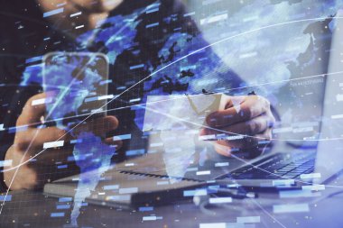 Dijital bir cihaz ve veri temalı çizim kullanarak erkeklerin el ele tutuşması. Yenilik kavramı.