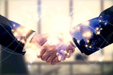 İki kişinin iş temalı hologramı ve el sıkışması. Başarı konsepti.