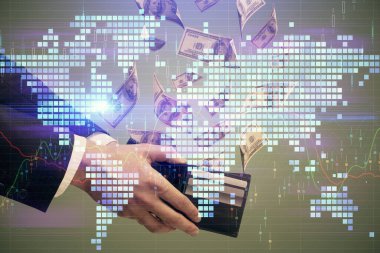 Finansal temaya çok fazla maruz kalma hologram, Amerikan dolarları ve erkek eli. İş konsepti.