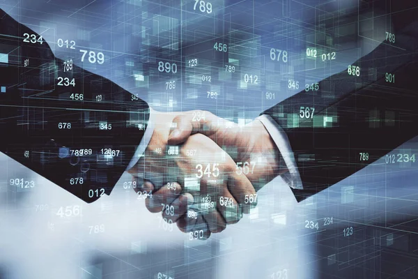 Double exposure of data theme hologram and handshake of two men. Partnership in IT industry concept. — Stock Photo, Image