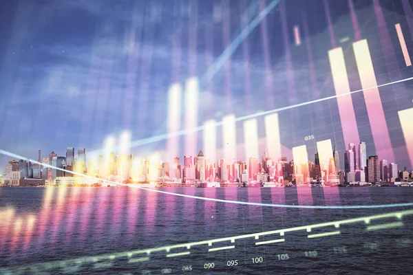 Gráfico Forex en vista de la ciudad con rascacielos fondo doble exposición. Concepto de análisis financiero . — Foto de Stock