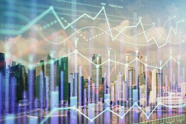 Gökdelenler, duvar kağıtları ve çoklu pozlama ile şehir manzarasının eski çizelgesi. Finansal araştırma kavramı.