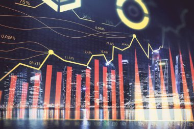 Yüksek binalar arka plan çok pozlama ile şehir scape mali grafik. Analiz kavramı.