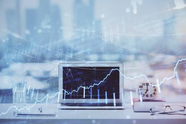 Bilgisayar geçmişi olan eski grafik hologramı. Çoklu maruz kalma. Finans piyasası kavramı.