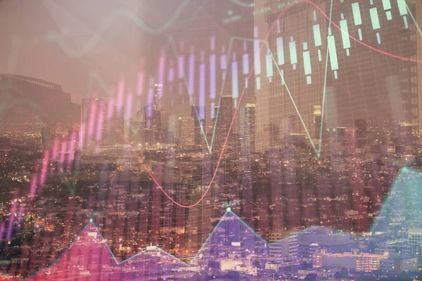 Financial graph on night city scape with tall buildings background double exposure. Analysis concept. — Stock Photo, Image