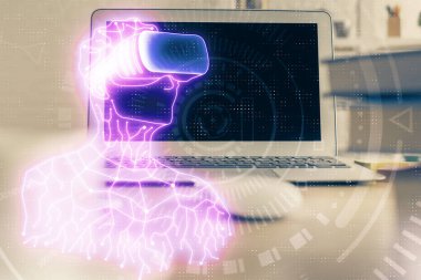 AR tema simgesi olan bilgisayar masaüstünde. Çoklu maruz kalma. Artırılmış gerçeklik kavramı.