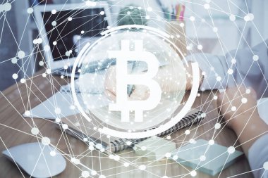 Kripto para birimi hologramı, notlar alan ellerin üzerinde arka plan. Blockchain kavramı. Çoklu pozlama