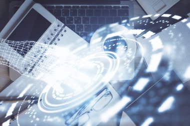 Çalışma masasının üzerine teknoloji teması çizimi çifte pozlama. Üst Manzara. Küresel veri analiz kavramı.