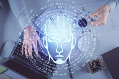 Bilgisayar klavyesini ve beyin hologramı çizimlerini yazarken çift pozlama. Üst Manzara. Ai ve veri teknolojisi kavramı.