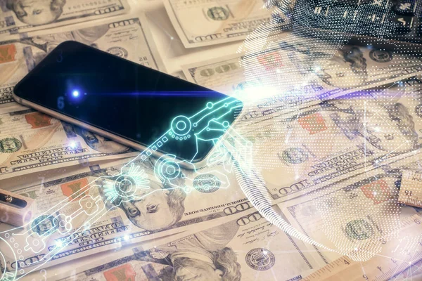 Double exposure of tech theme drawing over usa dollars bill background. Concept of technology. — Stock Photo, Image