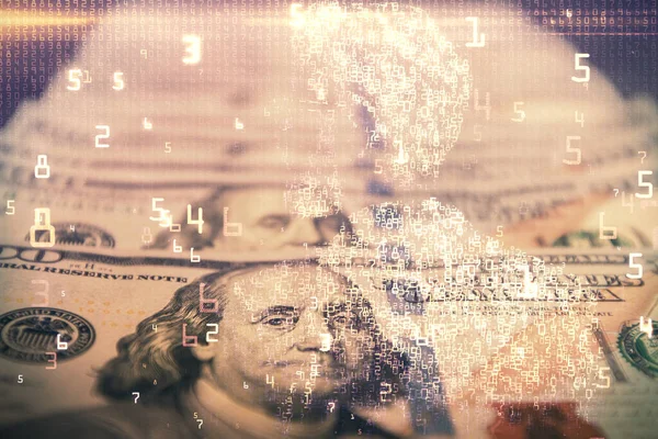 Dupla expozíció tech téma rajz felett USA dollár számla háttér. A technológia fogalma. — Stock Fotó