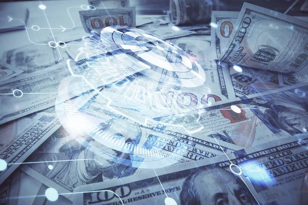 İki kez veri temasına maruz kalınca dolar banknotları arka planda kalıyor. Teknoloji konsepti. — Stok fotoğraf