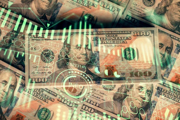 Двойная экспозиция на тему технологий рисования на фоне долларовых купюр США. Концепция технологии . — стоковое фото