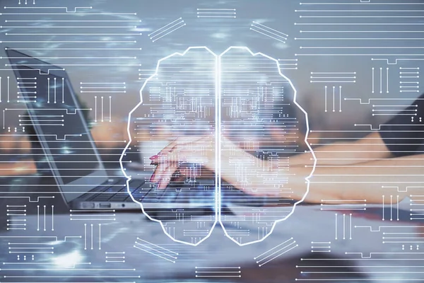 Multi exposición de las manos de la mujer que trabajan en el dibujo del holograma de la computadora y del cerebro humano. Concepto de tecnología Ai. —  Fotos de Stock