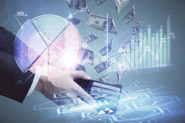 Finansal grafiğe çoklu pozlama hologram, Amerikan dolarları ve insan eli. Analiz kavramı.