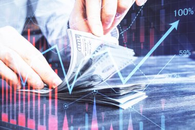 Forx grafiği, hologram, Amerikan dolarları ve insan eli çizimleri. Teknik Analiz kavramı.