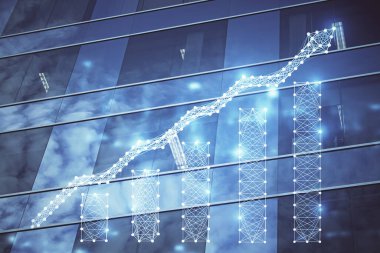 Yüksek binaların arka planında çoklu pozlama olan eski şehir haritası. Finansal araştırma kavramı.