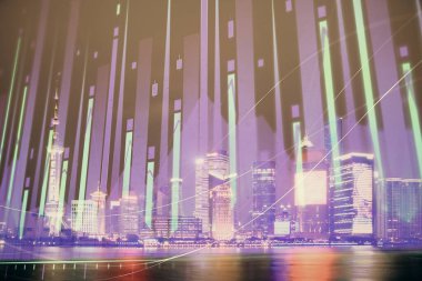 Yüksek binalar arka plan çift pozlama ile gece şehir scape mali grafik. Analiz kavramı.