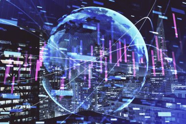 Yüksek binalar arka plan çok pozlama ile gece şehir scape mali grafik. Analiz kavramı.