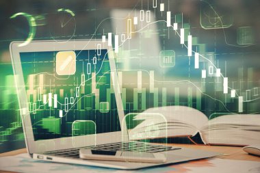 Bilgisayar geçmişi olan eski grafik hologramı. Çifte maruziyet. Finans piyasası kavramı.