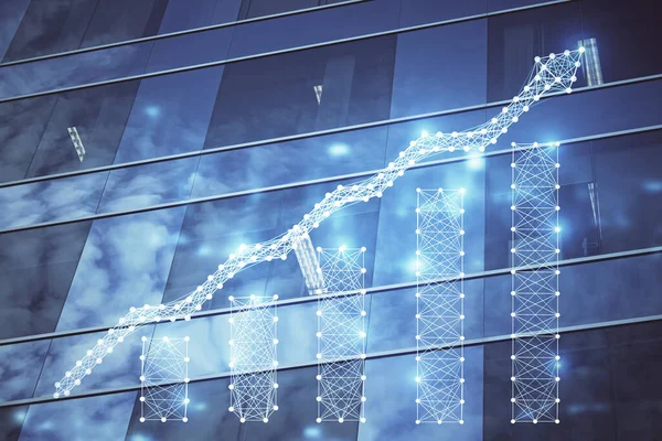 Forex diagram på stadsbilden med höga byggnader bakgrund multi exponering. Finansiell forskning. — Stockfoto