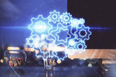 İş teması simgelerinin çifte pozlandırılması ve bilgisayar geçmişi olan çalışma alanı. Başarı kavramı.