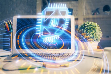 Arka planda kişisel bilgisayarı ve teknik tema çizimi olan iki kat masaüstü görüntüsü. Büyük Veri Kavramı.