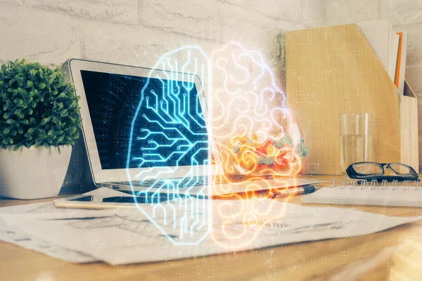 Doble exposición del espacio de trabajo con holograma de dibujo de computadora y cerebro humano. Concepto de tormenta de ideas. —  Fotos de Stock