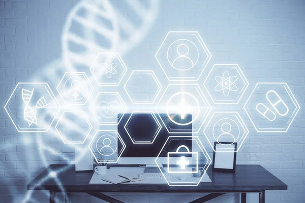 Komputer stacjonarny tło i rysunek DNA. Podwójna ekspozycja. Koncepcja nauki. — Zdjęcie stockowe