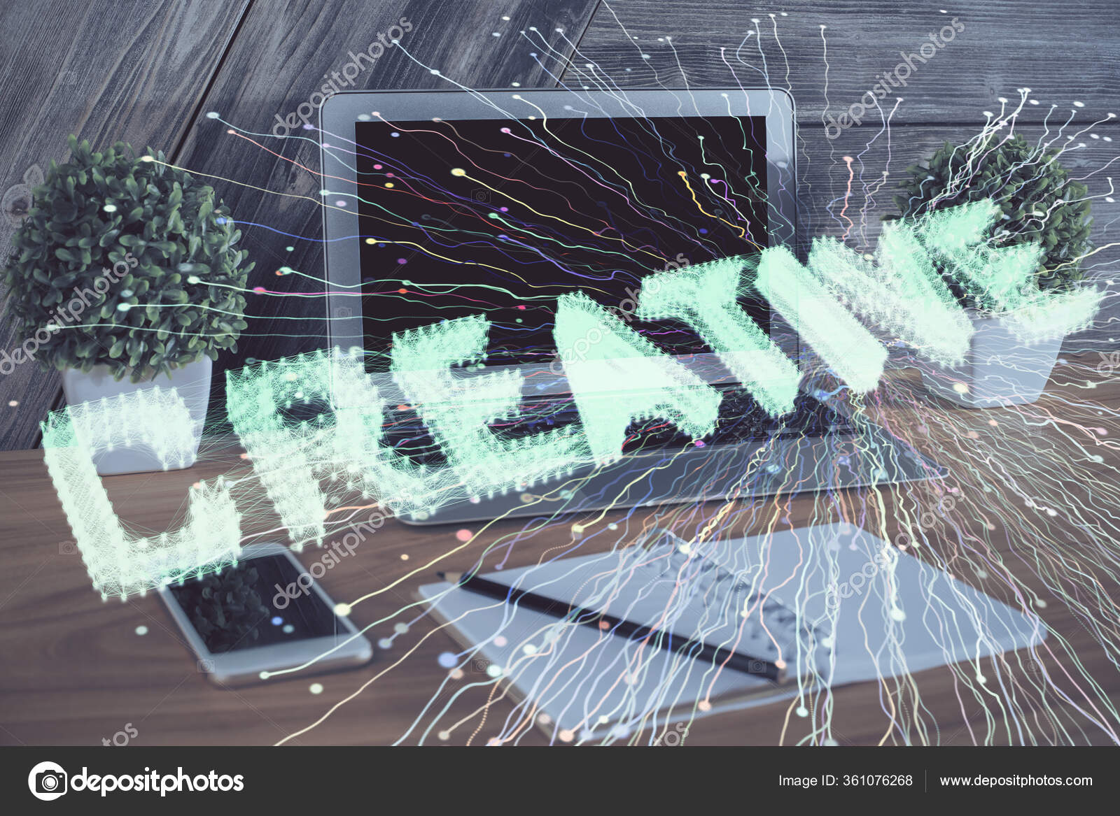 Настольный Компьютер Фон В Офисе И Запустить Рисунок Голограммы.