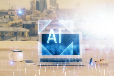 Masaüstü bilgisayarı ve teknoloji temalı holograma çift pozlama. Yazılım geliştirme kavramı.