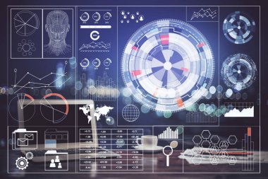 Bilgisayar ve teknoloji temalı çizimlere çifte maruz kalma. Yenilik kavramı.