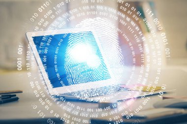 Ofisteki bilgisayarın parmak izi çizimi. Çifte maruziyet. İş veri güvenliği kavramı.