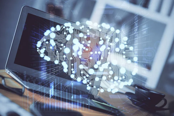 Doble exposición de la mesa de trabajo con el holograma de la computadora y del cerebro. Concepto de lluvia de ideas . —  Fotos de Stock