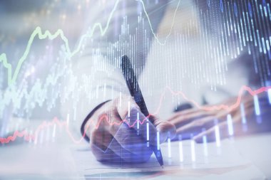 Finansal ticaret grafiği erkek masaüstü arkaplanı ile çoklu pozlama.