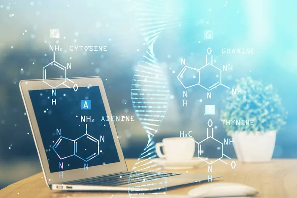 데스크톱 컴퓨터 배경과 DNA 그 리기입니다. 두 번 노출. 과학 개념. — 스톡 사진