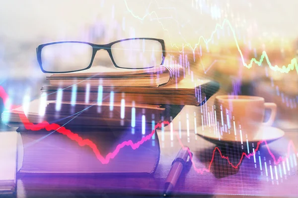 Ekonomisk graf hologram med glasögon på bordet bakgrund. Begreppet företag. Dubbel exponering. — Stockfoto