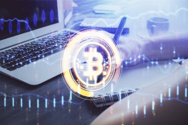 Kripto para birimi hologramı, notlar alan ellerin üzerinde arka plan. Blockchain kavramı. Çoklu pozlama