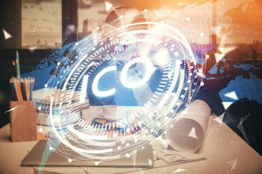 Kripto teknolojisi temalı çizim ve ofis içi arka planına çifte maruz kalma. Engelleme zinciri kavramı.