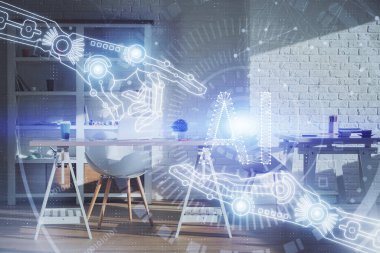 Veri teması çizimi ve ofis içi arka planına çoklu maruz kalma. Teknoloji kavramı.