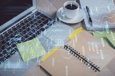 Önx grafik çizimi ve masaüstü ile kahve ve masa arkasındaki öğelerin çoklu pozlandırılması. Finansal piyasa ticareti kavramı