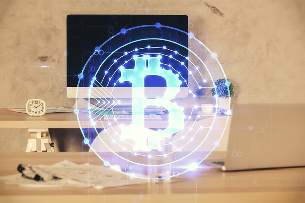 Double exposure of crypto technology theme drawing and office interior background. Concept of blockchain. — Stock Photo, Image