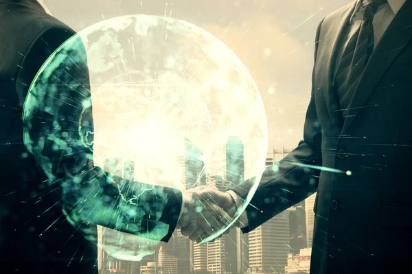 Double exposure of business theme hologram and handshake of two men. Success concept. — Stock Photo, Image