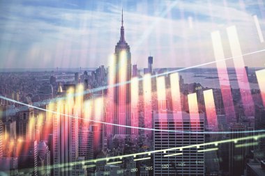 Gökdelenler arka planda çift pozlama ile şehir görünümünde eski grafik. Mali analiz kavramı.