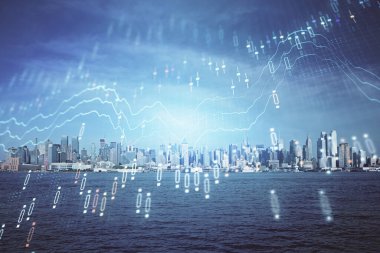 Gökdelenler arka planda çift pozlama ile şehir görünümünde eski grafik. Mali analiz kavramı.