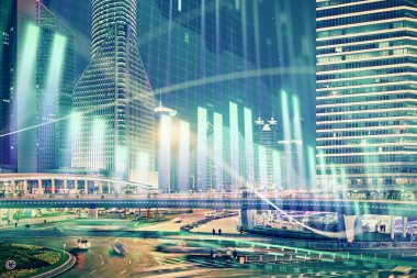 Yüksek binalar arka plan çok pozlama ile şehir scape mali grafik. Analiz kavramı.