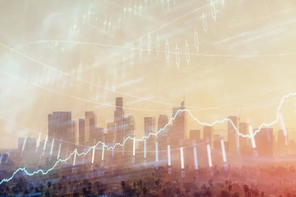 Gráfico de divisas en paisaje urbano con rascacielos fondo de pantalla doble exposición. Concepto de investigación financiera . — Foto de Stock