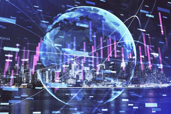 Financial graph on night city scape with tall buildings background multi exposure. Analysis concept. — Stock Photo, Image