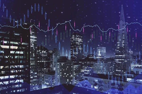 Finanzgrafik über Nacht Stadtbild mit hohen Gebäuden Hintergrund Multi-Exposition. Analysekonzept. — Stockfoto